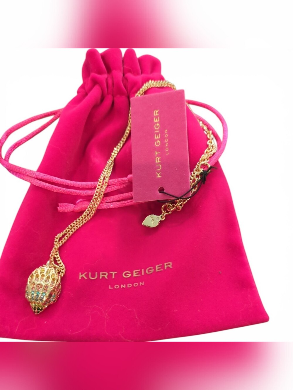 Kurt Geiger Hot Pink Velvet Drawstring Pouch with Gold Pendant Chain